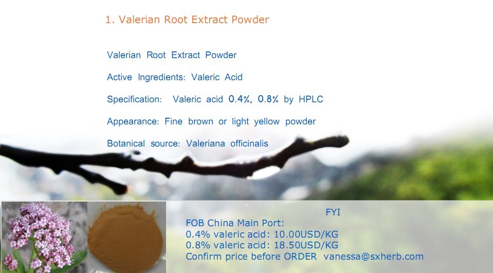 Valerian Root Extract Powder Active Ingredients: Valeric Acid Specification: Valeric acid 0.4%, 0.8%...